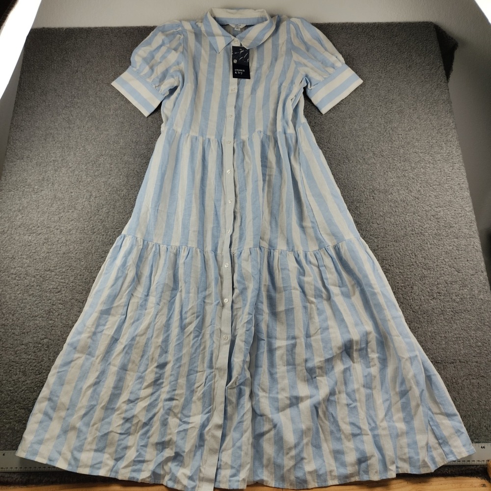 Crown & Ivy Maxi Dress Linen Blend Sz Medium Striped Tiered Blue White NWT